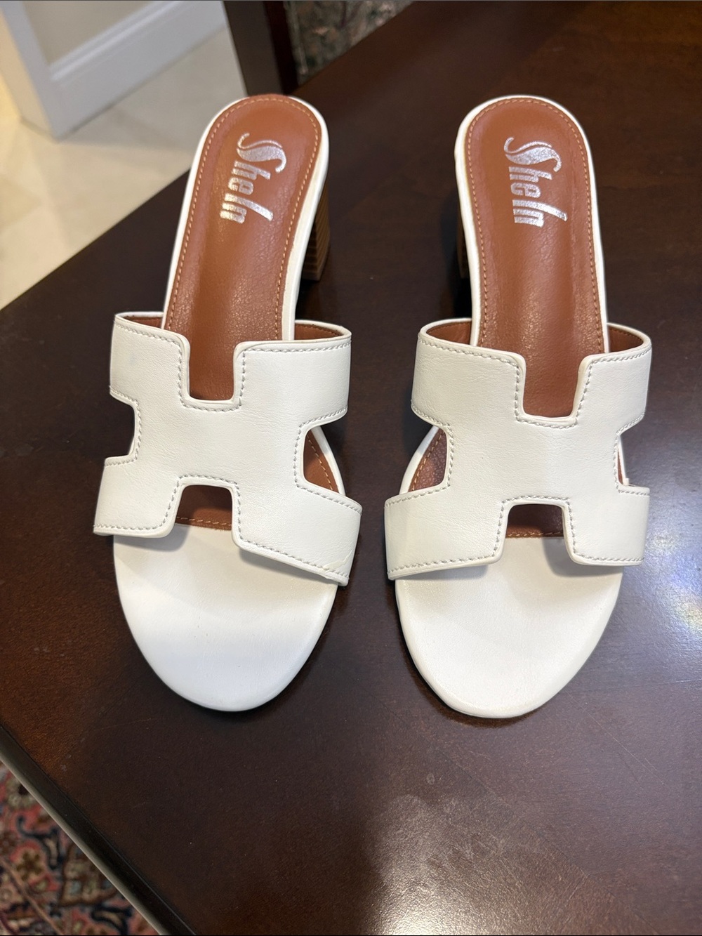White Cutout Block Heel Slide Mules